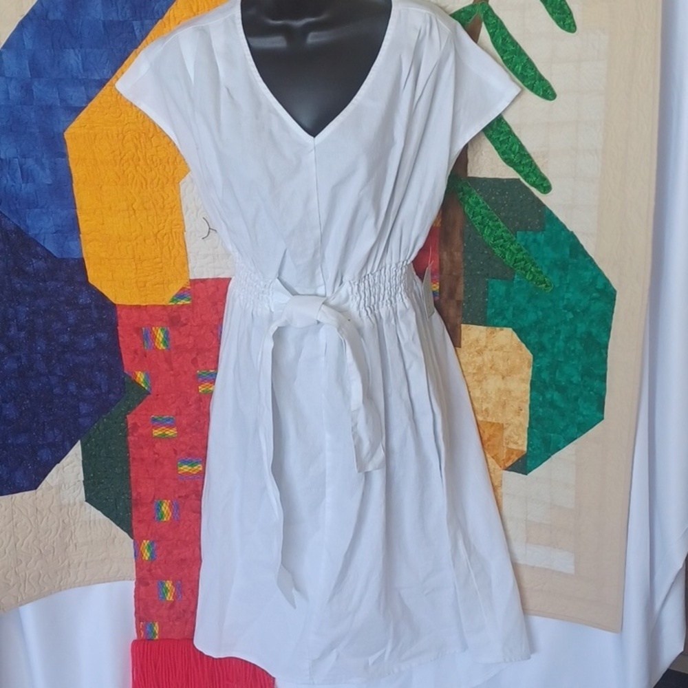 Morgan Taylor White linen midi dress, elastic waist w/tie